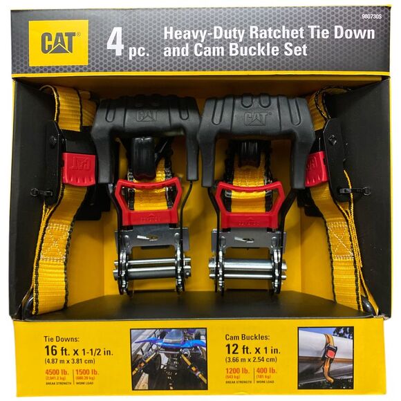 CAT Ratchet Strap Tie Down and Cam Buckle Set with Rubber Coated Hooks, 4pc - Picture 1 of 2